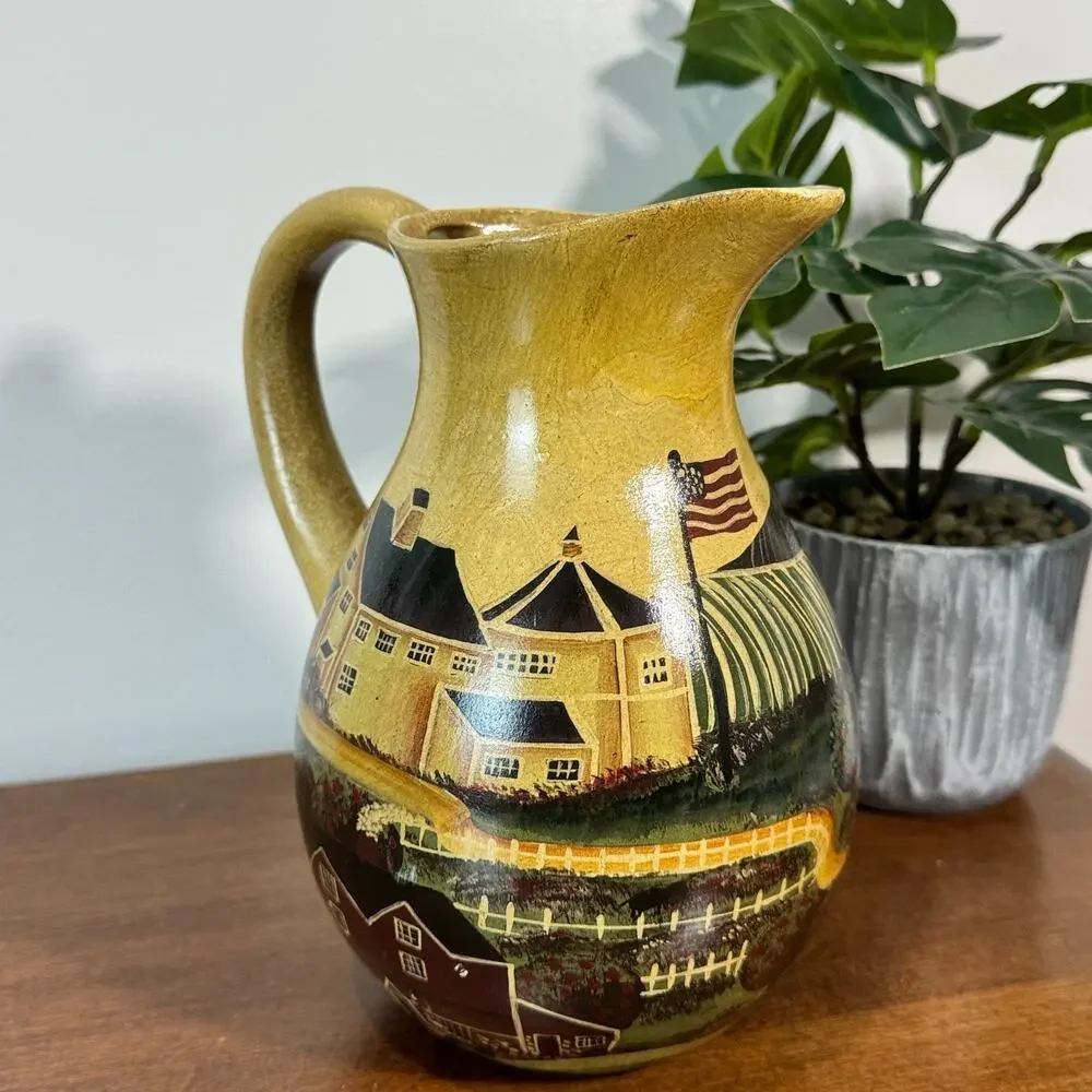Vintage Colonial Scene Country Pitcher Vase Hand painted Ceramic